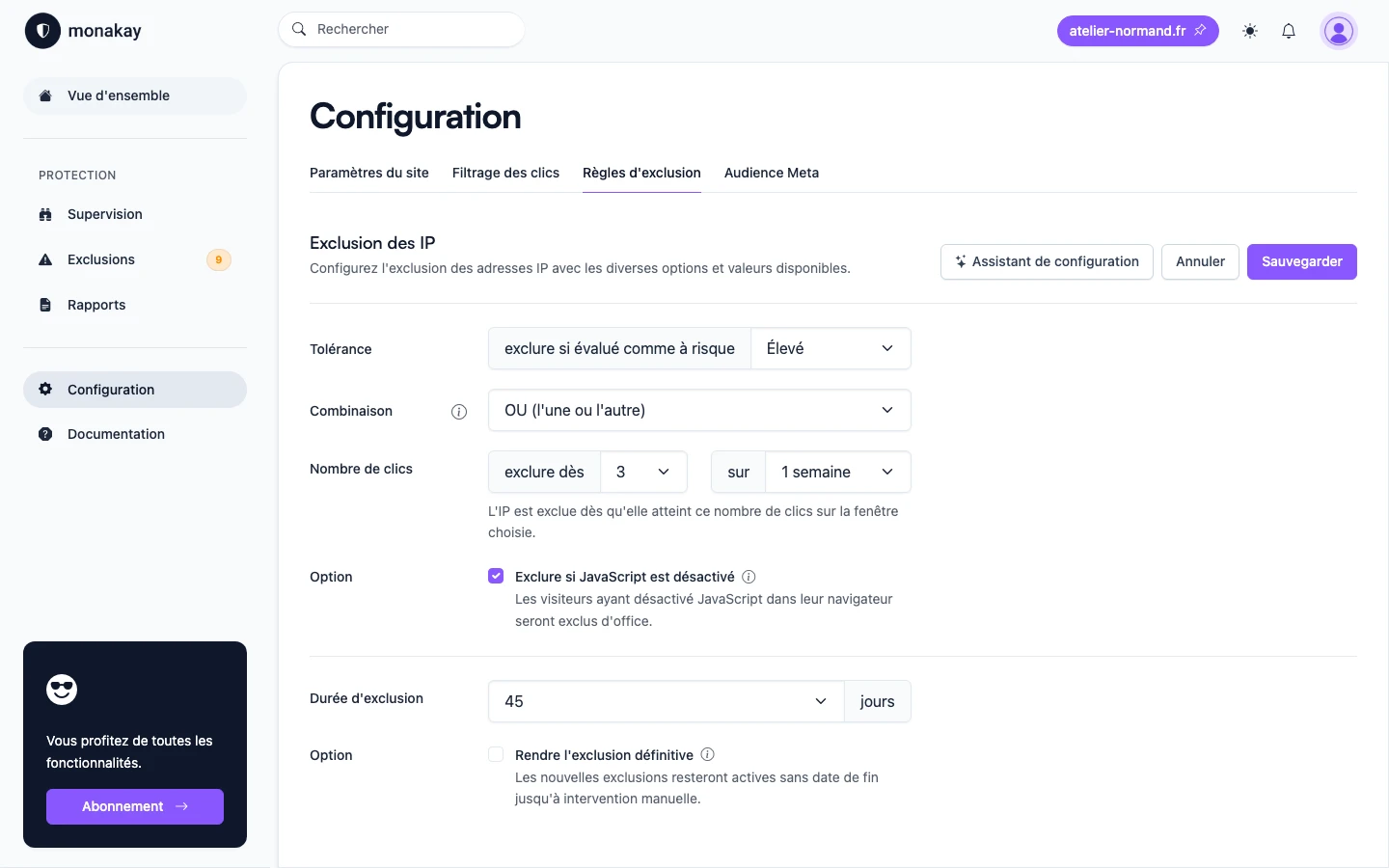 Configuration du niveau de protection par site dans Monakay