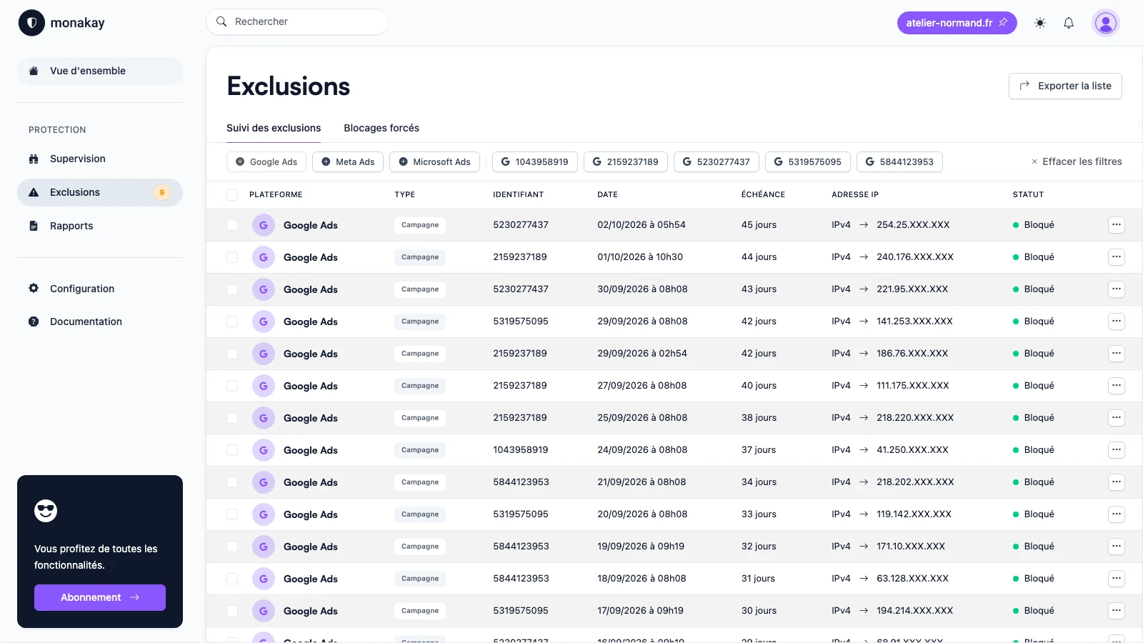 Exclusions Google Ads suivies dans Monakay