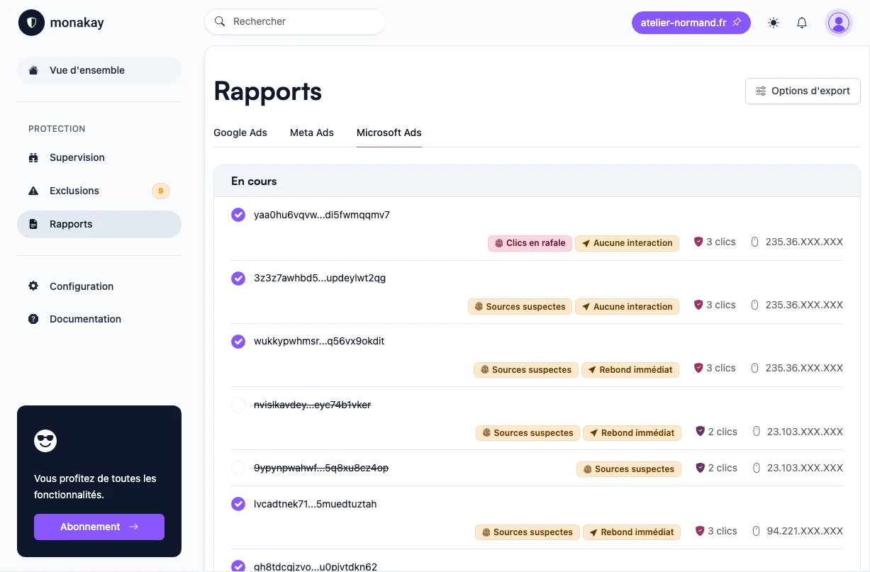 Rapport des clics signalés sur Microsoft Ads dans Monakay